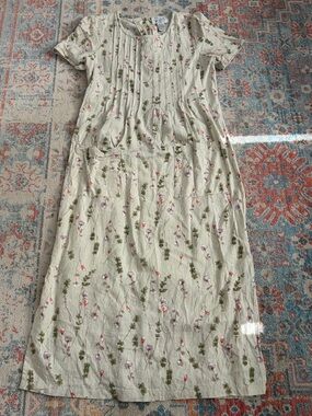 Vintage 90s linen floral print short sleeve dress